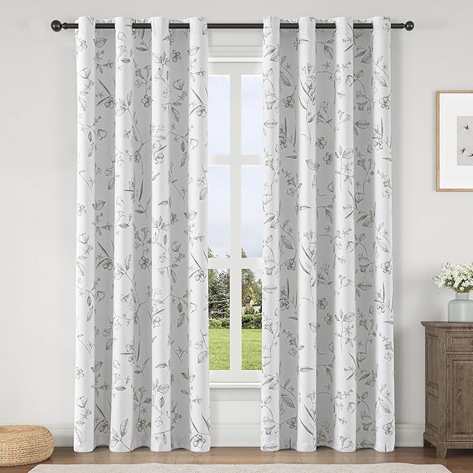 ChrisDowa 100% Blackout Floral Curtains 72 Inches Long 2 Panels for Bedroom Living Room Grey Flower Patterned Room Darkening Thermal Insulated Soundproof Grommet Window Treatments Drapes,52X72