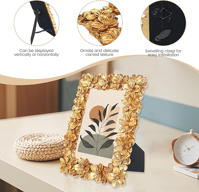 Gold Picture Frames 5x7, Floral Vintage Carved Textured Hand-Crafted Photo Frame with Glass Front, Ornate Resin Picture Frame for Horizontal or Vertical Display, Retro Carving Flower Photo Frames Photo Gallery Art