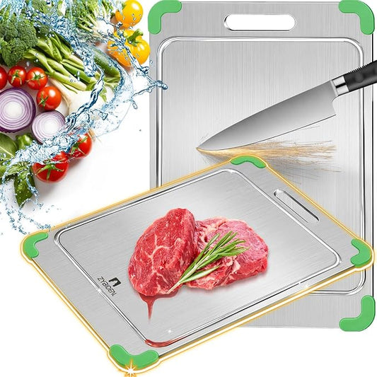 100% Pure Titanium Cutting Board with Grooves, Update Double Side Titanium Chopping Board, Silicone Anti-slip Stainless Cutting Boards for Kitchen 10 * 14 IN, Green