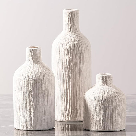 Ceramic Vase Home Table Decor - White Flower Vase Set of 3 Living Room Kitchen Decorations Farmhouse Modern Rustic Vases Decorative Centerpiece for Shelf Bedroom Office Bathroom Dining Coffee Desk