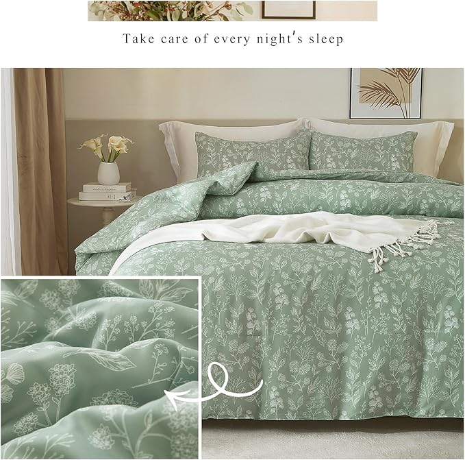EAVD Vintage Style Garden Sage Floral Duvet Cover Full Soft Cotton Chic Shabby Cute Floral Botanical Bedding Set with 2 Pillowcases Fresh Reversible Botanical Duvet Cover with Zipper Closure