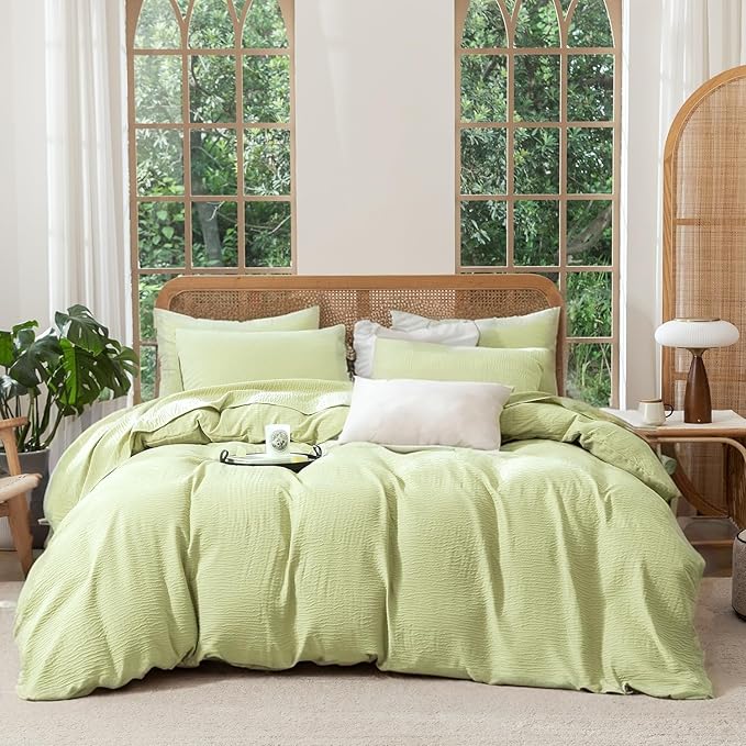 Queen Size Duvet Cover Desert Sage, Luxury Soft Microfiber Double-Layer Crinkle Gauze Sage Duvet Cover, 3 Pieces Bedding for All-Season, Breathable with Zipper Closure