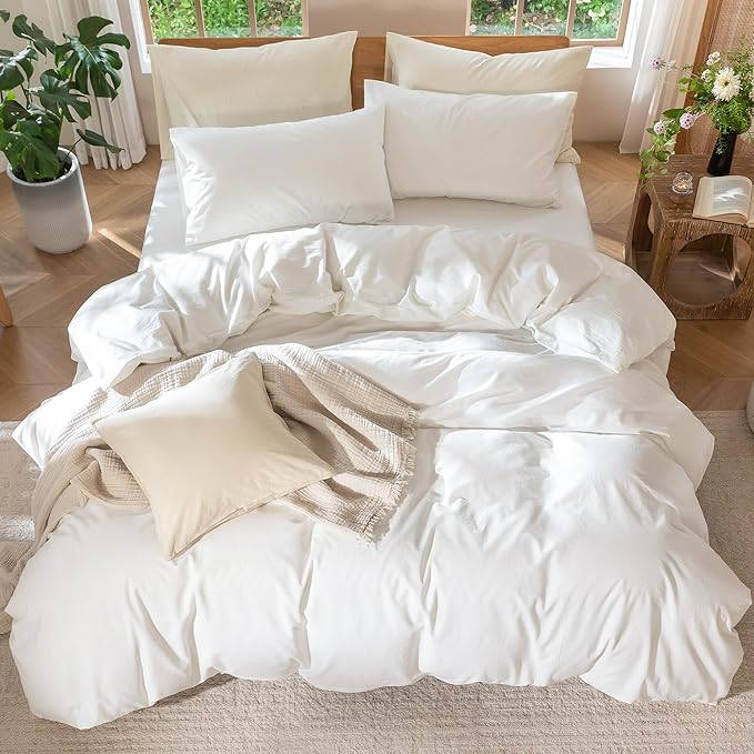 MooMee Bedding Duvet Cover Set 100% Washed Cotton Linen Like Textured Breathable Durable Soft Comfy (Solid Off White, King 104"x90")