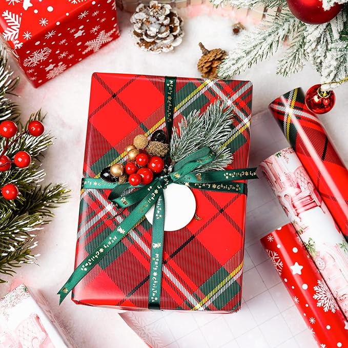 MAYPLUSS Christmas Wrapping Paper Rolls - 17" X 120" Per Roll - Classic Vintage Funky Red Santa Claus, Snowflakes, and Plaid Pattern Christmas Gift Wrap Present Paper for Holiday, Festive Celebrations