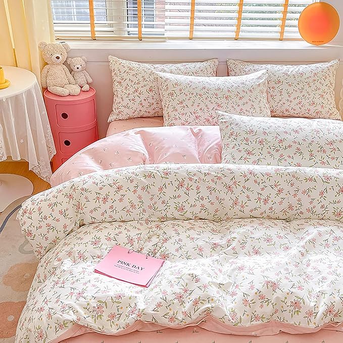 EAVD Pink Floral Duvet Cover Full White Soft Cotton Chic Shabby Garden Floral Bedding Set with 2 Pillowcases Cute Floral Botanical Duvet Cover with Zipper Closure