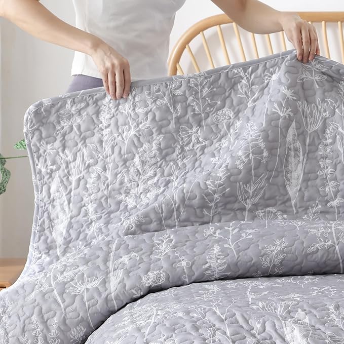 JANZAA Quilts Queen Size Bed Spread Botanical 3 Pieces Quilts Queen Size Sets with Floral Pattern Lightweight Microfiber Bedding Reversible 1 Quilt and 2 Pillow Cases-Grey