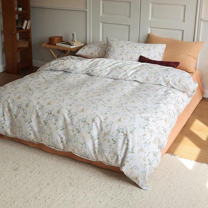EAVD Vintage Style Garden Floral Duvet Cover Full Soft Cotton Chic Shabby Floral Pattern Bedding Set with 2 Pillowcases Fresh Botanical Comforter Cover with Zipper Closure