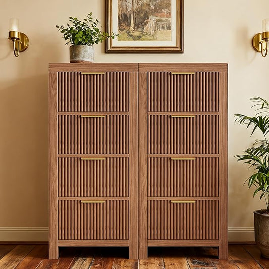 Modern 8-Drawer Solid Wood Dresser with Fluted Front & Gold Handles, Multifunctional Tall Storage Chest, for Hallway, Entryway, Walnut X2