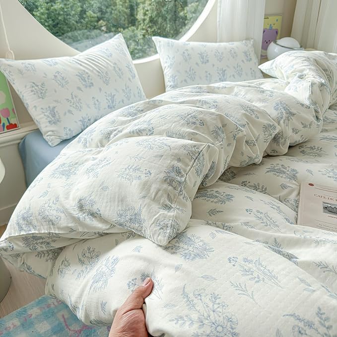 LifeTB Muslin Duvet Cover Set Queen Vintage Botanical Floral Duvet Cover 100% Cotton Linen Feel Flower Bedding Set Super Soft Gauze Comforter Cover Breathable Lightweight Cottagecore Bedding Set