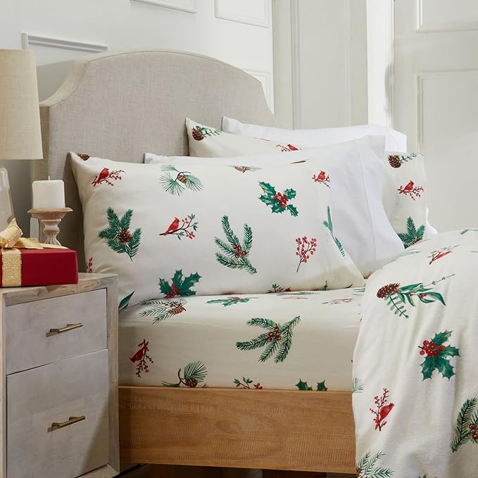 Market & Place 100% Cotton Queen Flannel Sheet Set | 4 Piece Deep Pocket Novelty Cozy Winter Bed Sheets | Double Brushed for Extra Softness & Comfort | Alpine Collection (Queen, Cardinal & Pine)