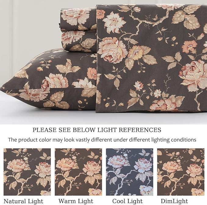 Zusbest Dark Brown Floral Bed Sheets Set - California King Percale Cotton Shabby Rustic Peony Flower Print Bed Sheets - Soft Breathable Mocha Classic Vintage Bedding 4 Pcs Deep Pockets Flower Sheets