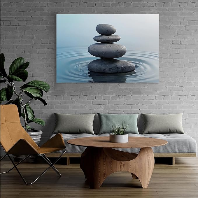 Zen wall art Harmonious grey stones stacked on a calm surface of water Serene Zen decor suitable for tranquil homes and spaces of meditation 8x12in Wood Framed