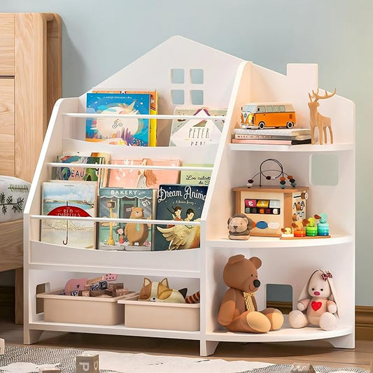 3 Tier Kids Bookshelf Bookcase, House Shape Book Shelf for Kids Rooms Nursery, Montessori Bookshelf, Kids Book Shelf and Toy Storage for Toddler Children, White