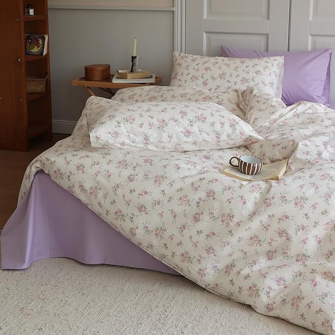 Vintage Style Pink Purple Floral Duvet Cover King 100% Cotton Chic Garden Floral Bedding Set Botanical Flower Comforter Cover with 2 Pillowcases Cottagecore Bedding Cover King with Zipper Closure