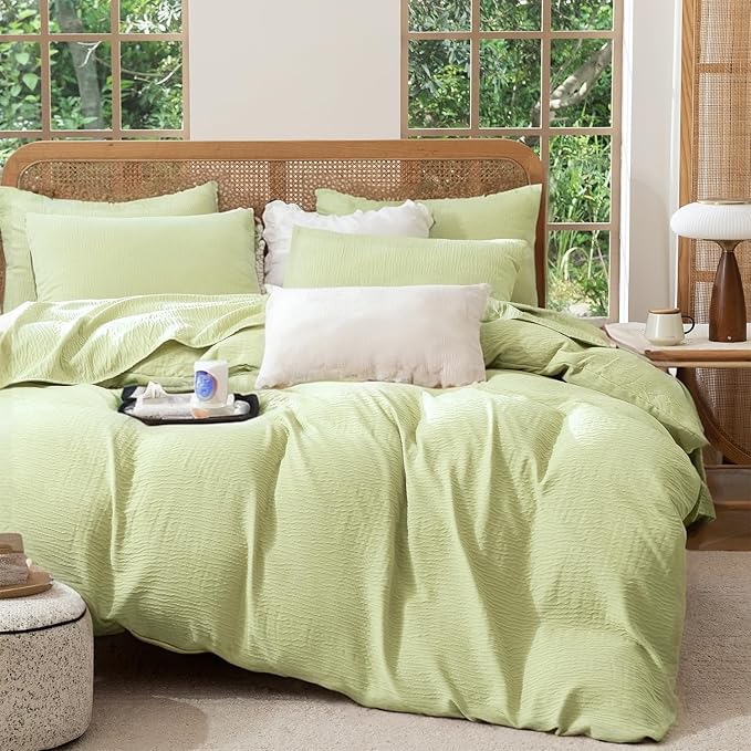 King Size Duvet Cover Desert Sage, Luxury Soft Microfiber Double-Layer Crinkle Gauze Sage Duvet Cover, 3 Pieces Bedding for All-Season, Breathable with Zipper Closure