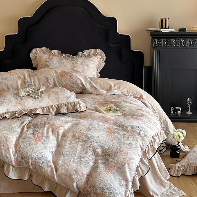 VM VOUGEMARKET Cotton Muslin Duvet Cover Queen Vintage Floral Duvet Cover with Ruffles Soft Linen Like Gauze Comforter Cover with Zip Closure and Corner Ties- 90"x90"