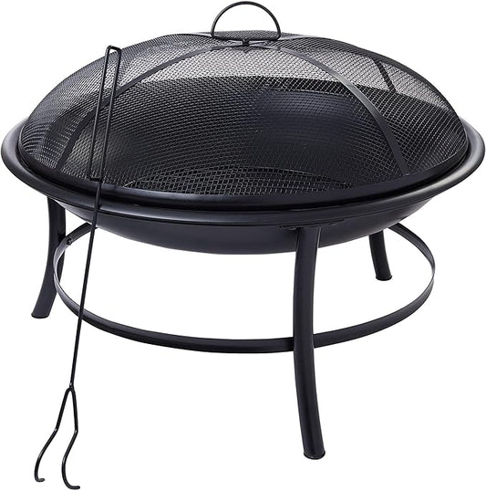 26-Inch Round Iron Outdoor Wood Burning Fire Pit with Spark Screen & Poker, Portable for Patio, Backyard, and Camping