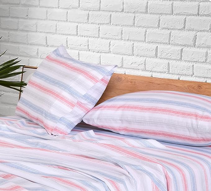 RUVANTI 100% Cotton Full Size Bed Sheets, 4 Pieces, Soft & Breathable Percale Weave Bedding, Deep Pocket 16", Hotel Standard, Crisp Cool Feel, Durable, Perfect Sheet Set Striped, Times