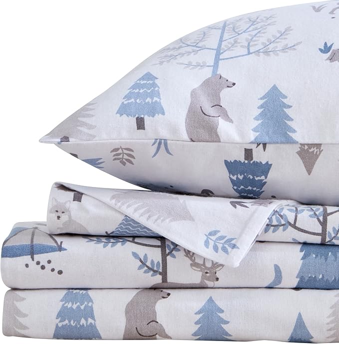 Market & Place 100% Turkish Cotton Flannel Sheet Set | 4 Piece Deep Pocket Novelty Cozy Winter Bed Sheets | Double Brushed for Extra Softness & Comfort | Alpine Collection (King, Winter Wildlife)