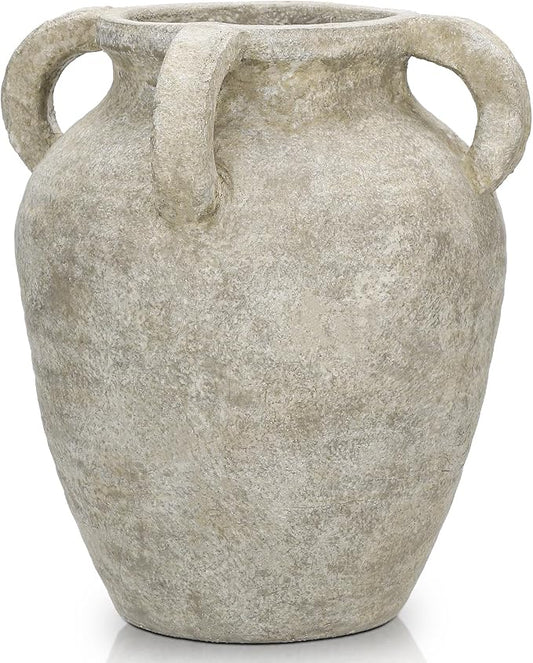 Handmade Flower Vase, 9.8" Tall Terracotta Vase, Vintage Ceramic vase, Rustic Green Antique Decor with 4 Handles, Wide Mouth, Matte Finish for Home Office Resto Café Décor
