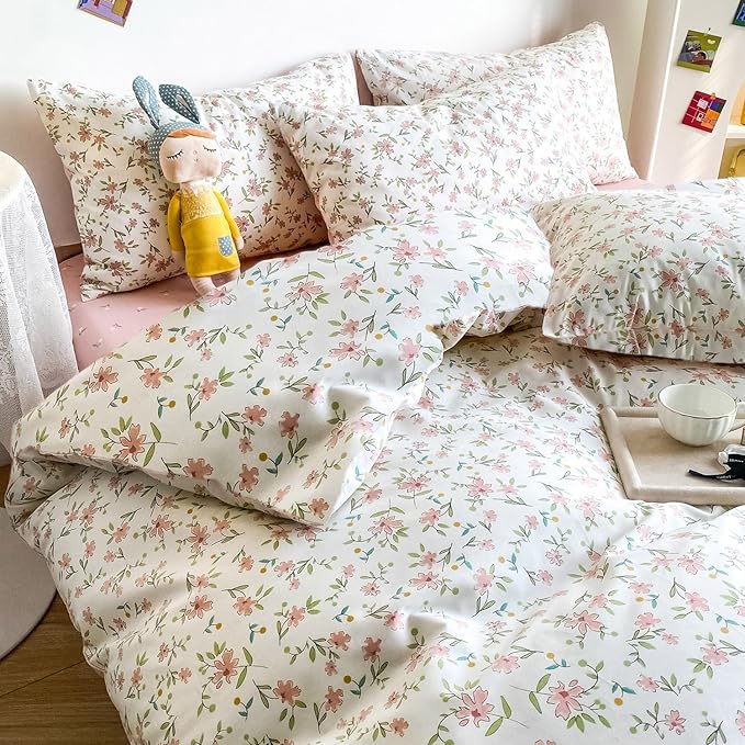 LifeTB Vintage Pink Floral Comforter Set Queen 3 Pieces Cute Pink Flower Bedding Comforter for Teen Girls Botanical Comforter Queen Floral Leaves Pattern Bedding Set Boho Farmhouse Bed Comforter Set