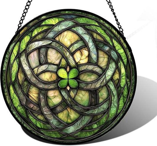 Stained Glass Window Hanging, Abstract Green Clover Sun Catchers Colorful Glass Panel Bless Suncatcher Decor for Birthday for Women, Men, Wife, Aunt, and Mom 11.8x11.8 in