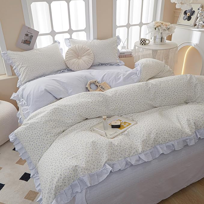 Blue Floral Ruffle Duvet Cover Twin XL White Soft Cotton Lace Duvet Cover Girls Botanical Flower Comforter Cover Romantic Princess Bedding Set Vintage Floral Lace Comforter Cover with Zipper Closure