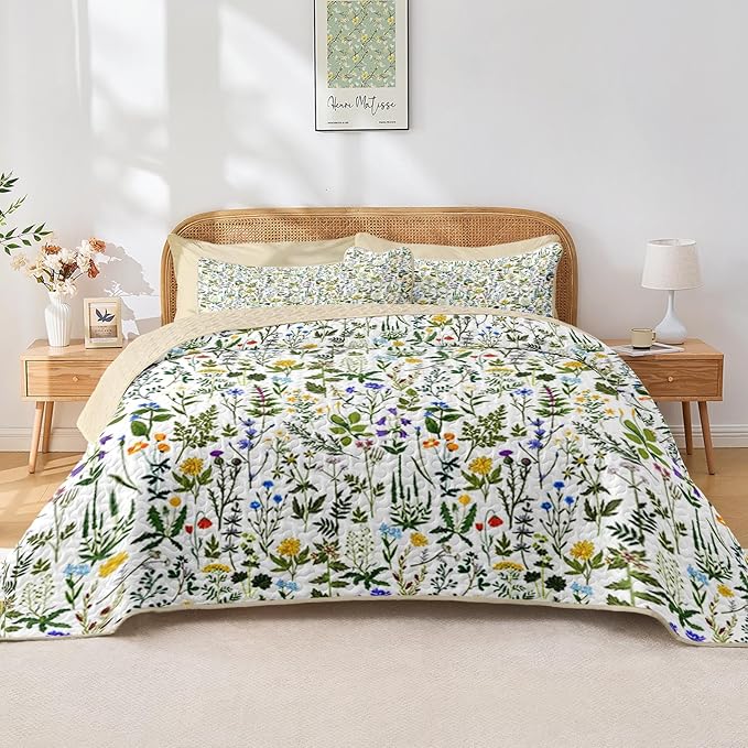 Quilt Set Twin Size, Garden Floral 2 Pcs Soft Bed Cover Bedding Set, Country Rustic Farmhouse Lightweight Bedspread Coverlet with Pillow Sham for All Season