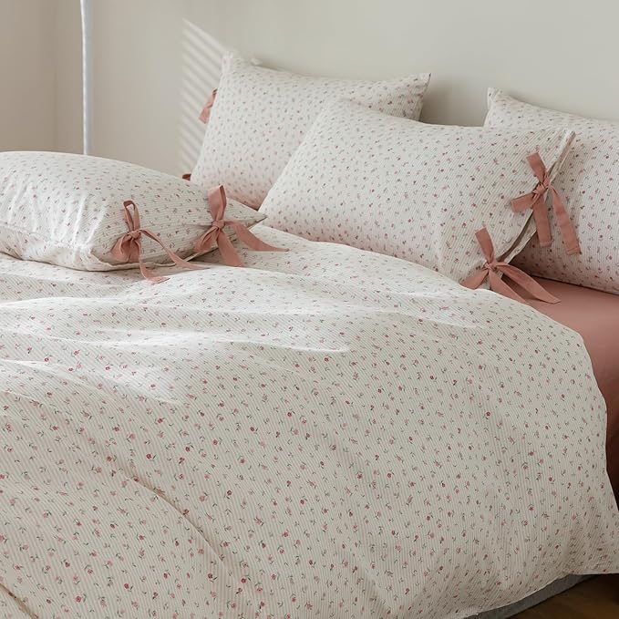 EAVD Garden Style Pink Floral Duvet Cover Queen Soft 100% Cotton Fresh Floral Pattern Bedding Set with 2 Pillowcases Chic Shabby Botanical Floral Comforter Cover with Zipper Closure