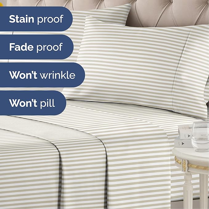 Striped Sheets - Grey Striped Sheets - 1 Flat & 1 Fitted & 1 Pillowcase w/ Deep Pockets – Wrinkle & Fade Resistant - Ultra-Soft, Breathable and Cooling – Luxury Pinstripe Bedding - Twin Size Bed Set