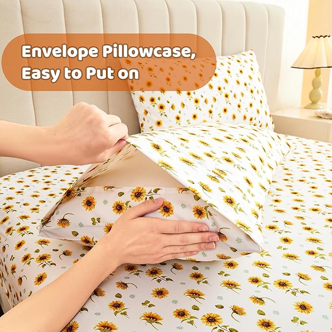 Softan Yellow Floral Sheet Set King, Sunflower Printed Bed Sheets King, Brushed Microfiber Fitted Sheet with 15" Deep Pocket & Non-Slip Straps, Yellow Flower Patterned Sheet & Pillowcase Sets