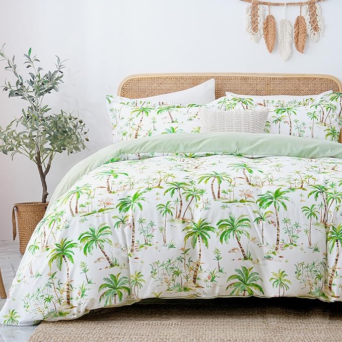 LONAVA King Tropical 3 Pcs Duvet Cover Set, Breathable Soft Microfiber Sage Green Lining Comforter Cover with Zipper Closure, and 2 Anti-Pilling, Fade Resistant Pillowcases, Summer Tree