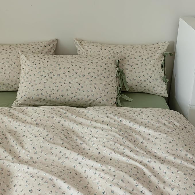 VM VOUGEMARKET Green Purple Flower Duvet Cover Set King 100% Cotton 3 Pcs Girls Blossom Comforter Cover with Zipper Closure Cottagecore Style Duvet Cover + 2 Pillowcases with Bowknot-104x90 Inch