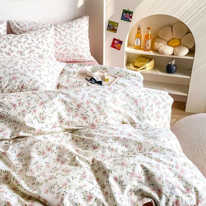 LifeTB Vintage Pink Floral Comforter Set Queen 3 Pieces Cute Pink Flower Bedding Comforter for Teen Girls Botanical Comforter Queen Floral Leaves Pattern Bedding Set Boho Farmhouse Bed Comforter Set