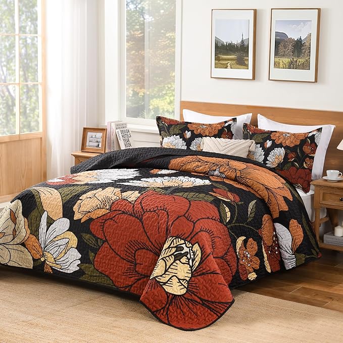 Andency Floral Boho Quilt King Size Bedding Set Black, 3 Pieces Farmhouse Flower Botanical Summer Bedspreads with 2 Shams, Soft Reversible Lightweight Microfiber Coverlet Set for All Season, 106"x96"