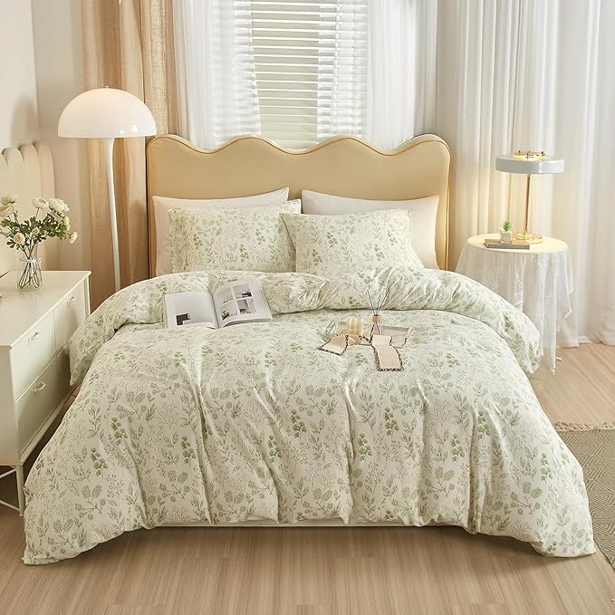 Vintage Boho Floral Duvet Cover Queen White Green Floral Print Bedding Set Cotton Botanical Floral Comforter Cover Garden Flowers Aesthetic Bedding Cover Boho Style Queen Duvet Cover with Zipper Ties
