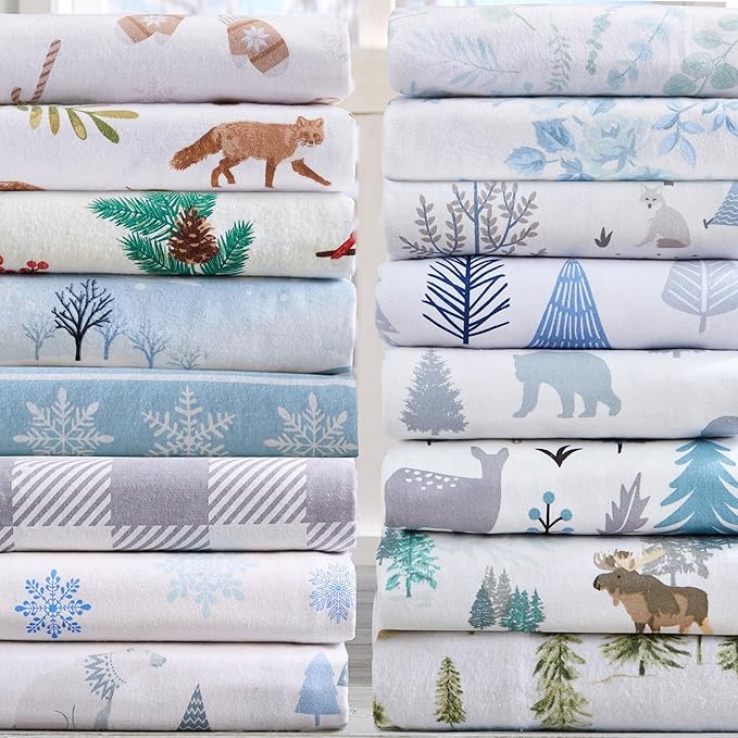 Market & Place 100% Cotton Twin Flannel Sheet Set | 3 Piece Deep Pocket Cozy Winter Floral Bed Sheets | Double Brushed for Extra Softness & Comfort | Alpine Collection (Twin, Eucalyptus Leaves)