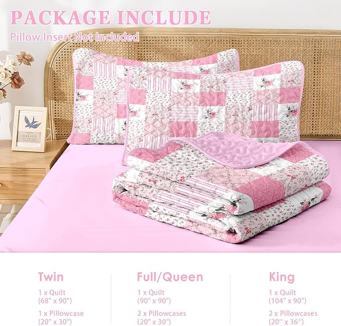 Quilt Set Twin Size, Pink Patchwork Flowers 2 Pcs Soft Bed Cover Bedding Set, Garden Floral Lightweight Bedspread Coverlet with Pillow Sham for All Season
