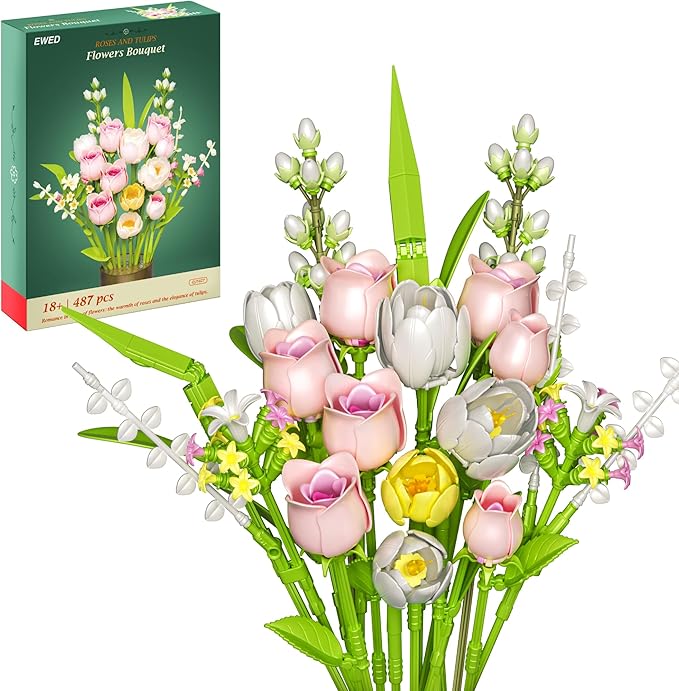 Tulip and Rose Flowers Bouquet Building Sets 18-Pack, Halloween Christmas Valentine's Back to School Gift for Women Girl Girlfriend, Artificial Flower Kits Plant Botanical Collection Home Decor