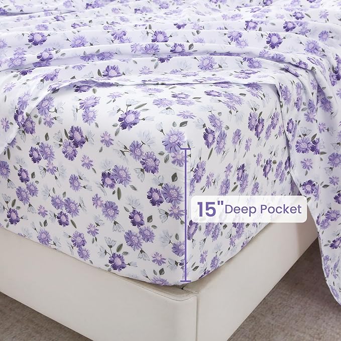 Softan Puple Floral Twin Sheet Set, 3-Piece Microfiber Printed Fitted Sheet with 15" Deep Pockets & Non-Slip Straps, White Flower Patterned Single Bedding Sheets & Pillowcase Set