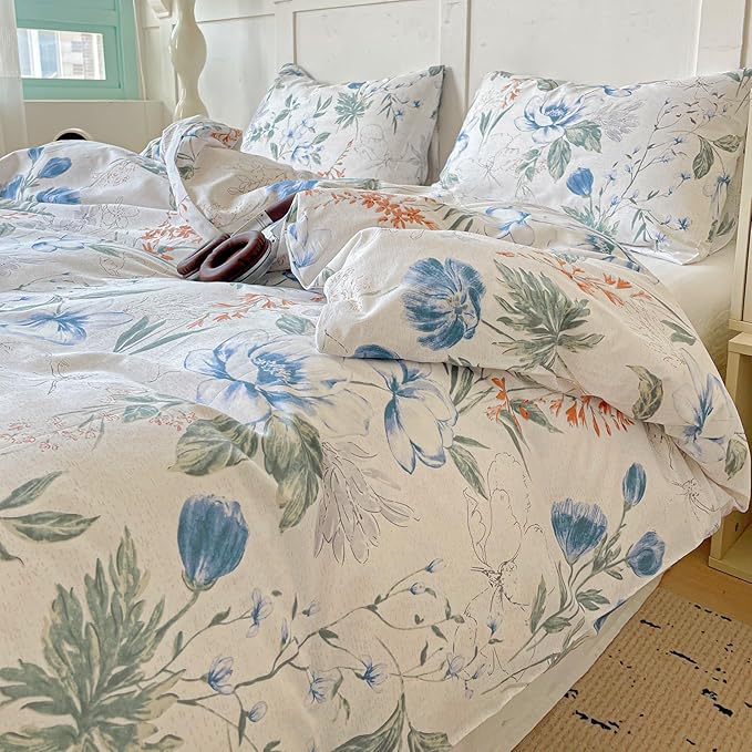 EAVD Cotton Duvet Cover King Size Floral Print Duvet Cover Soft Chic Shabby Garden Colorful Floral Bedding Set with 2 Pillowcases Fresh Spring Botanical Comforter Cover with Zipper Closure