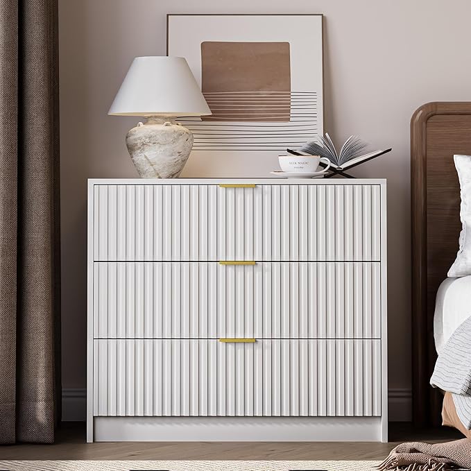 3-Piece Dresser Bedroom Set, 9 Drawer Dresser & 3 Drawer Nightstands with Gold Handles, Fluted Wood Chest of Drawers for Bedroom, Living Room, Entryway, White