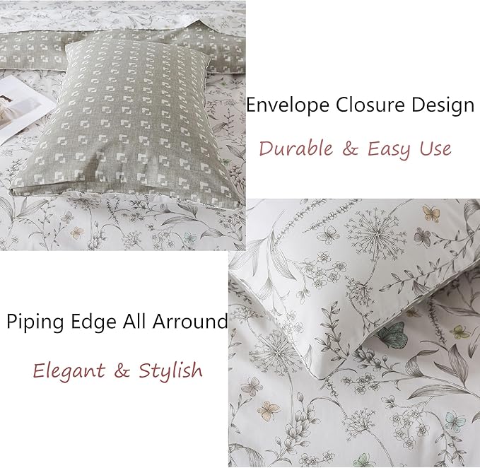 FADFAY Duvet Cover Set Full Colorful Butterfly Bedding Vintage Botanical Comforter Cover Set Shabby Branches Bedding 100% Cotton Ultra Soft Quilt Cover with Hidden Zipper Closure 3Pcs, Full Size