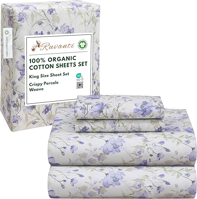 RUVANTI 100% Organic Cotton Sheets King Size, Percale Weave, GOTS Certified, 4-Piece Set, Deep Pocket 15", Crisp & Breathable, Soft Durable Bedding, Sábanas Algodón Orgánico – Heather