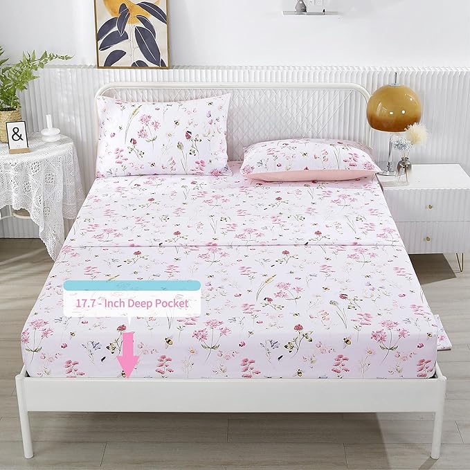 RYNGHIPY Shabby Floral Bees Print Bedding Sheets with Pillowcases, Breathable Egyptian Cotton Bed Sheet Set (Bee,Queen Size)