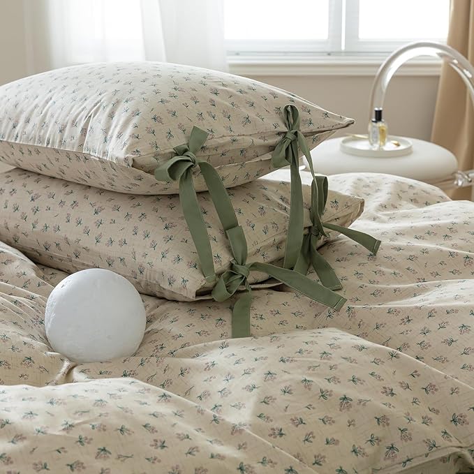 HighBuy Boho Floral Comforter Set King Floral Boho King Comforter Bed Set 3 Piece with 2 Bow Tie Pillowcases Cozy Soft for Girl Cottagecore Coquette Bedding Sets,All Season Fluffy Comforters