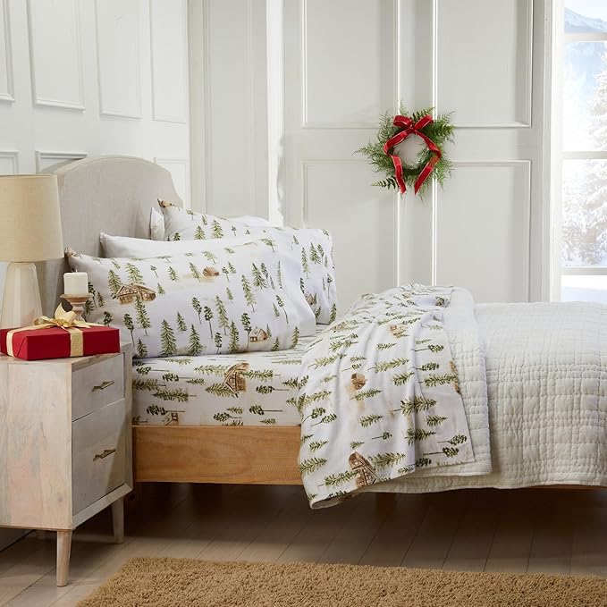 Market & Place 100% Cotton Full Flannel Sheet Set | 4 Piece Deep Pocket Novelty Cozy Winter Bed Sheets | Double Brushed for Extra Softness & Comfort | Alpine Collection (Full, Watercolor Forest)