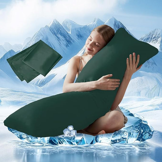 DOWNCOOL Large Body Pillow Insert with Cooling Cover - Soft Long Bed Pillow for Summer - Breathable Full Body Pillow for Adults - 20x54 inch (Green, with Cover)