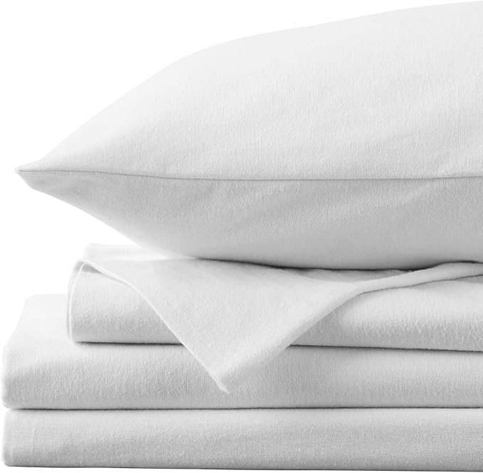 Market & Place 100% Cotton Full Flannel Sheet Set | 4 Piece Deep Pocket Solid Cozy Winter Bed Sheets | Double Brushed for Extra Softness & Comfort | Chalet Collection (Full, White)