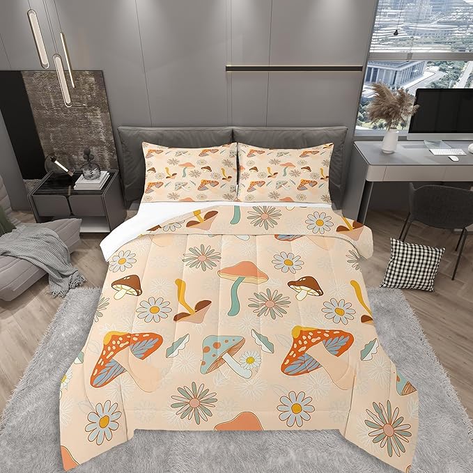 Castle Fairy 60s 70s Retro Mushroom Bedding Comforters King Size,Groovy Flowers Floral Duvet Set for Bedroom Decor,Boho Art Durable Comforter Set with 2 Pillowcases